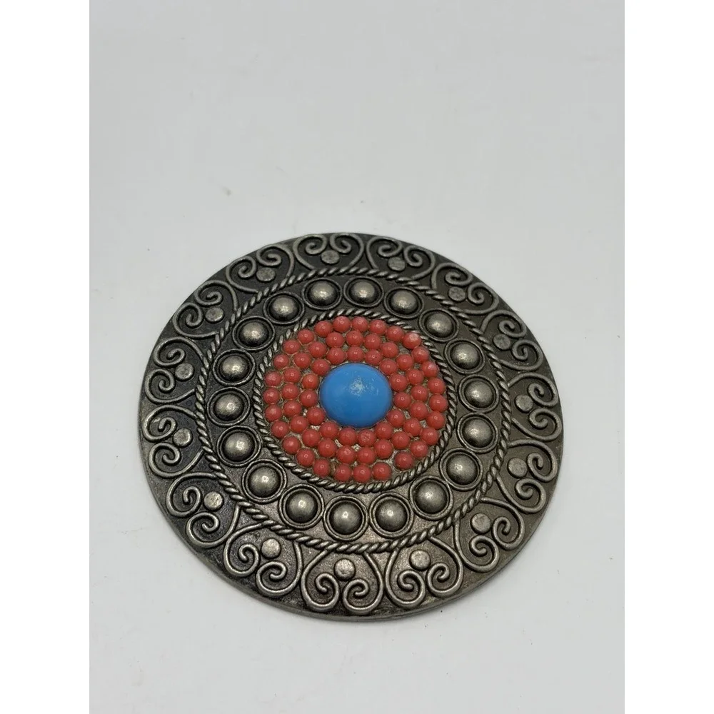 Vintage Tibetan Style‎ Belt Buckle Circular Silver Tone Coral Blue Lightweight